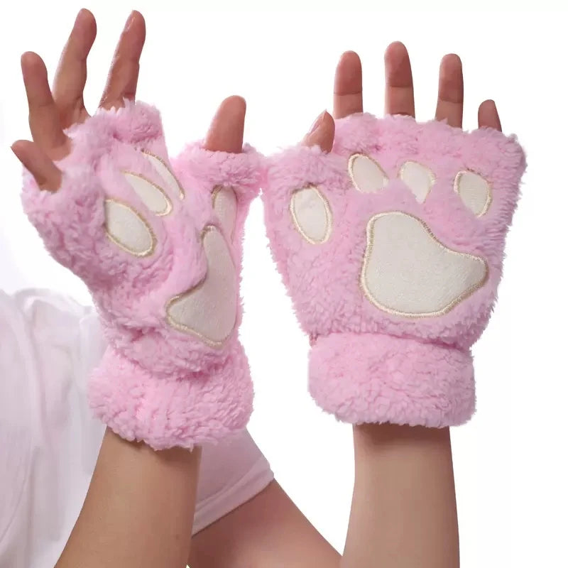 Cartoon Cute Cat Claw Paw Gloves Women Plush Mittens Warm Soft Plush Short Fingerless Fluffy Bear Cat Gloves Costume Half Finger