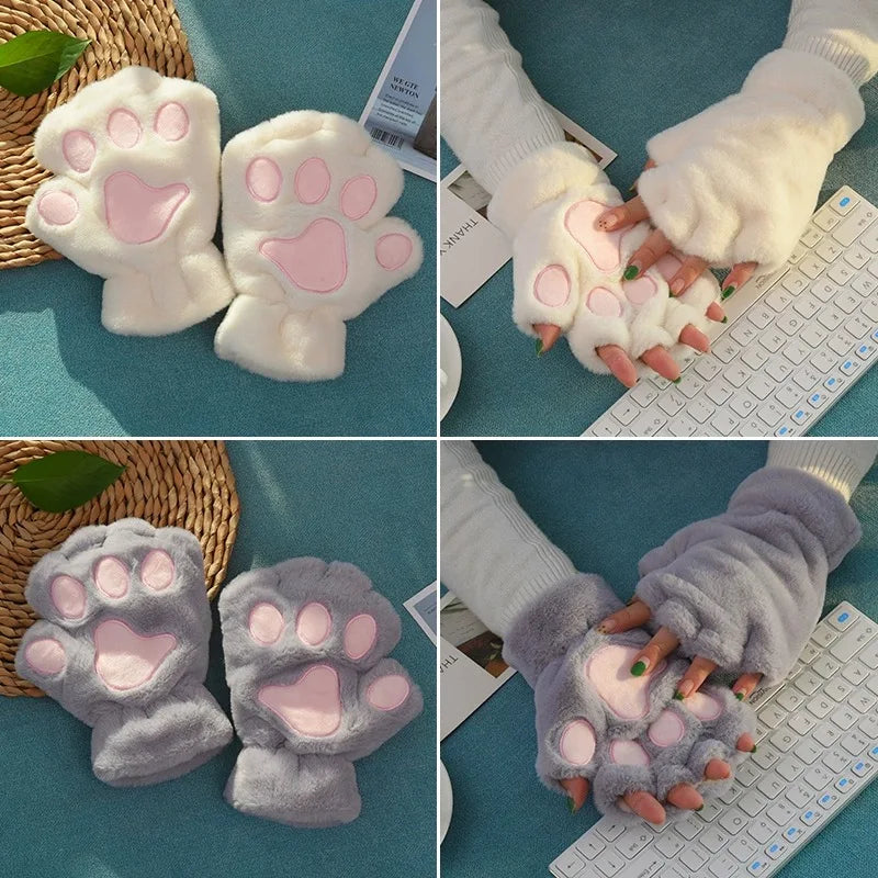 Cartoon Cute Cat Claw Paw Gloves Women Plush Mittens Warm Soft Plush Short Fingerless Fluffy Bear Cat Gloves Costume Half Finger
